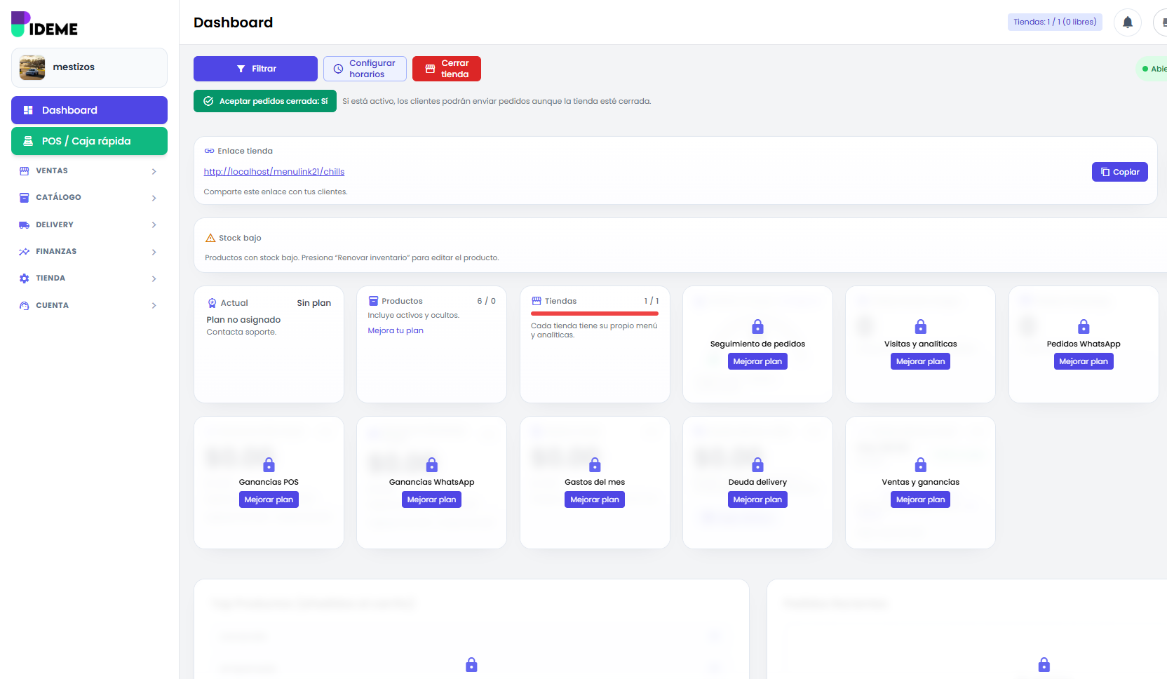 Selector de tienda en el dashboard del admin