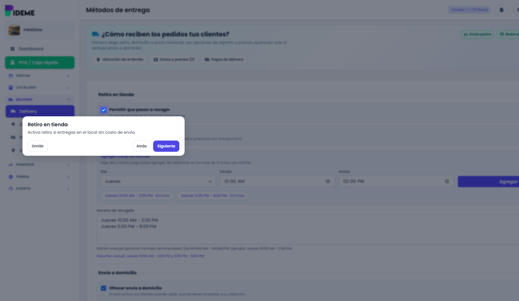 Configuración de métodos de entrega en el admin