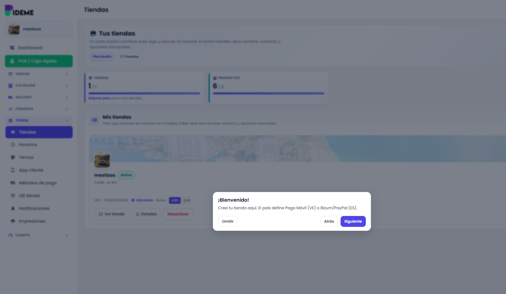 Pantalla de configuración de tiendas en el admin